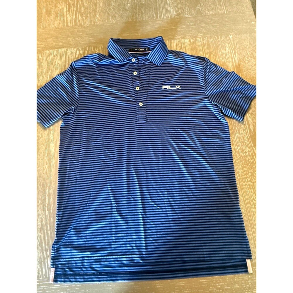 RLX Ralph Lauren Men's M Blue Black Striped Short Sleeve Moisture Wicking Polo